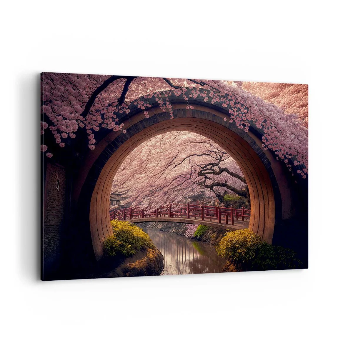 Cuadro sobre lienzo - Impresión de Imagen - Un puente tradicional japonés rodeado de flores de cerezo. - 100x70cm - Primavera japonesa - Decoración de pared moderna para salón y dormitorio ARTTOR