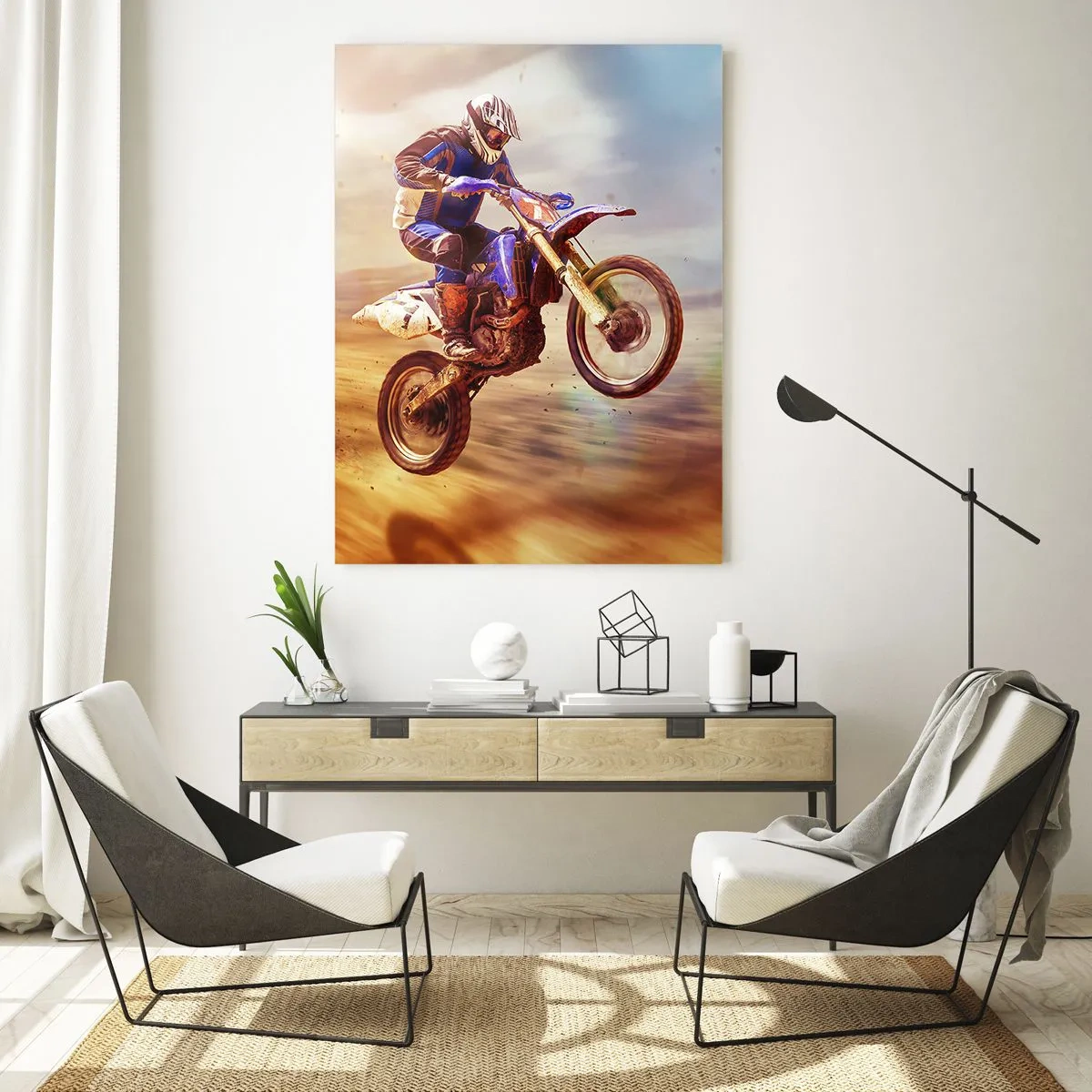Cuadro sobre vidrio - Impresiones sobre Vidrio - Un motociclista en vuelo durante un dinámico recorrido todoterreno. - 80x120cm - Vértigo sobre dos ruedas - Decoración de pared moderna para salón y dormitorio ARTTOR