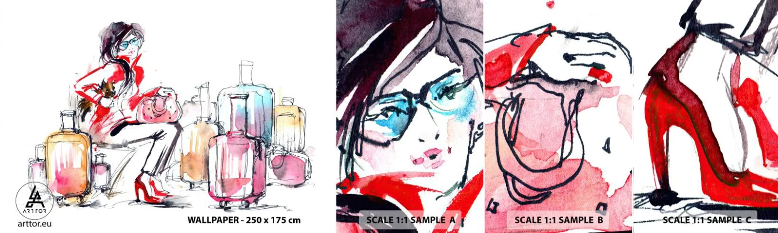 Muestra De Fotomural Standard Eco - Sentémonos antes del viaje - Mujer, Viaje, Maleta - 100x30 cm