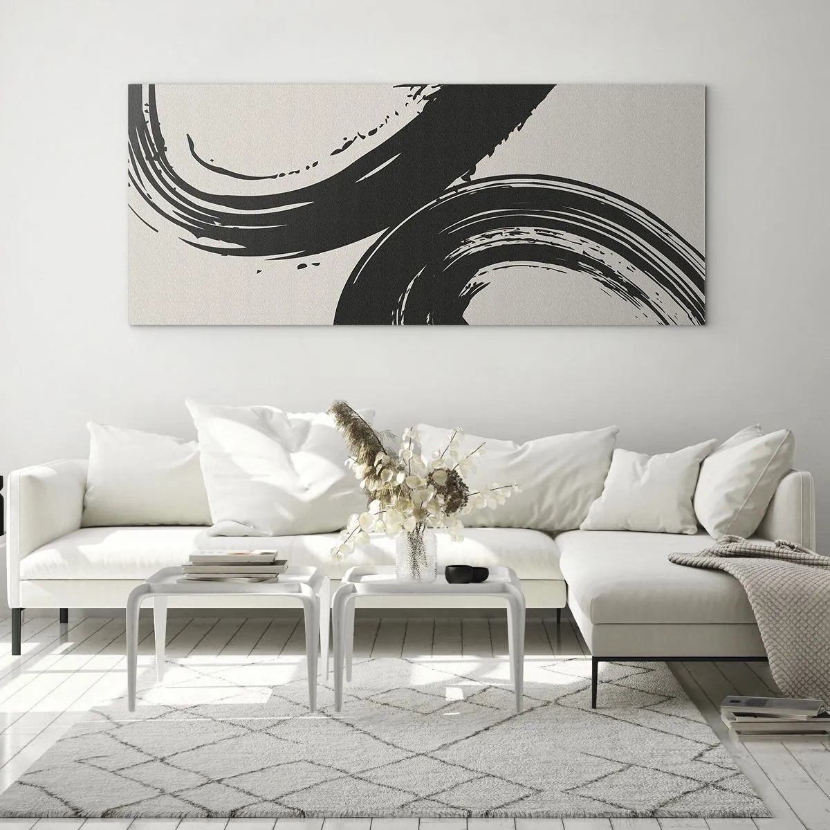 Cuadro sobre vidrio - Impresiones sobre Vidrio - Pinceladas dinámicas en negro sobre un fondo claro - 160x50cm - Barrido y circular - Decoración de pared moderna para salón y dormitorio ARTTOR