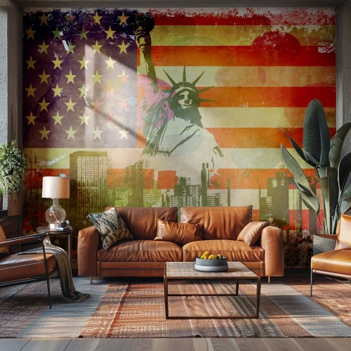 Fotomural Premium Sand - La Estatua de la Libertad y la bandera de Estados Unidos en estilo artístico. - 100x70cm - ¡Viva América! - Decoración de pared moderna para salón y dormitorio ARTTOR