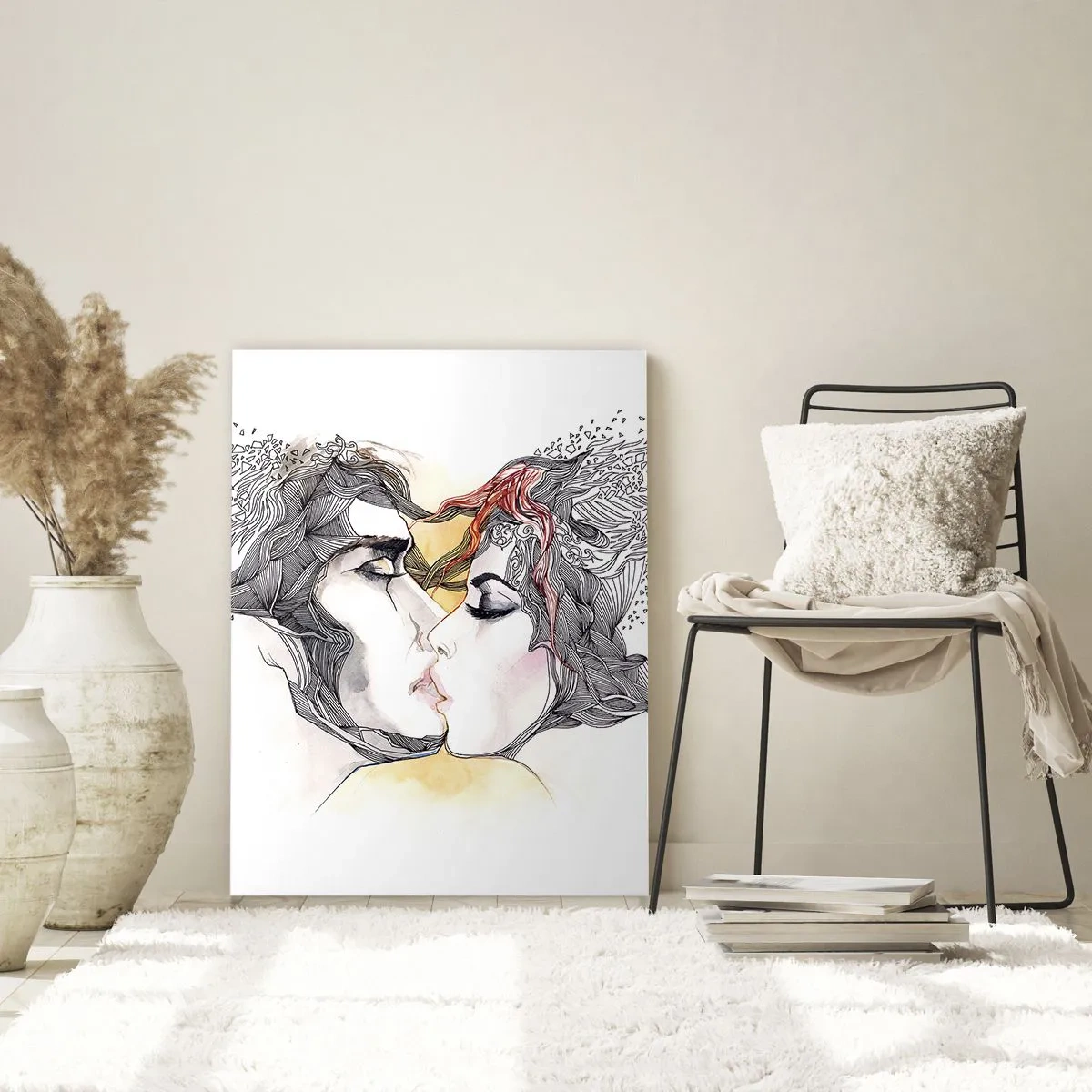 Cuadro sobre vidrio - Impresiones sobre Vidrio - Pareja abstracta besándose con patrones artísticos - 50x70cm - El mundo no importa - Decoración de pared moderna para salón y dormitorio ARTTOR
