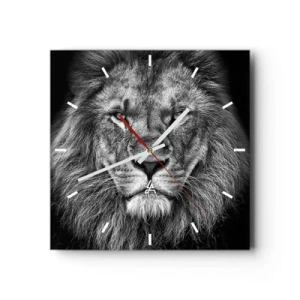 Reloj de pared - Reloj de vidrio - Retrato de un majestuoso león en blanco y negro - 30x30cm - Con el atuendo de la coronación - Decoración de pared moderna para salón y dormitorio ARTTOR