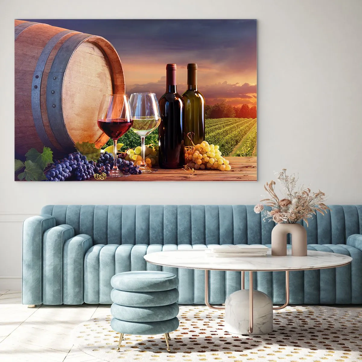 Cuadro sobre vidrio - Impresiones sobre Vidrio - Vides, un barril y copas con el sol poniente como telón de fondo - 120x80cm - Aquí la vida tiene un sabor - Decoración de pared moderna para salón y dormitorio ARTTOR