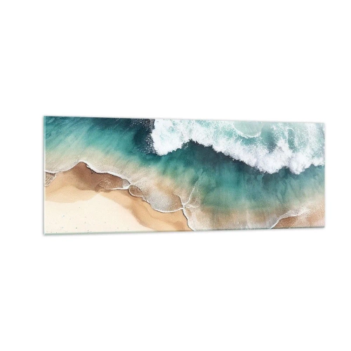 Cuadro sobre vidrio - Impresiones sobre Vidrio - Vista de la playa y las olas del mar en tonos turquesa. - 140x50cm - Un encuentro eterno - Decoración de pared moderna para salón y dormitorio ARTTOR