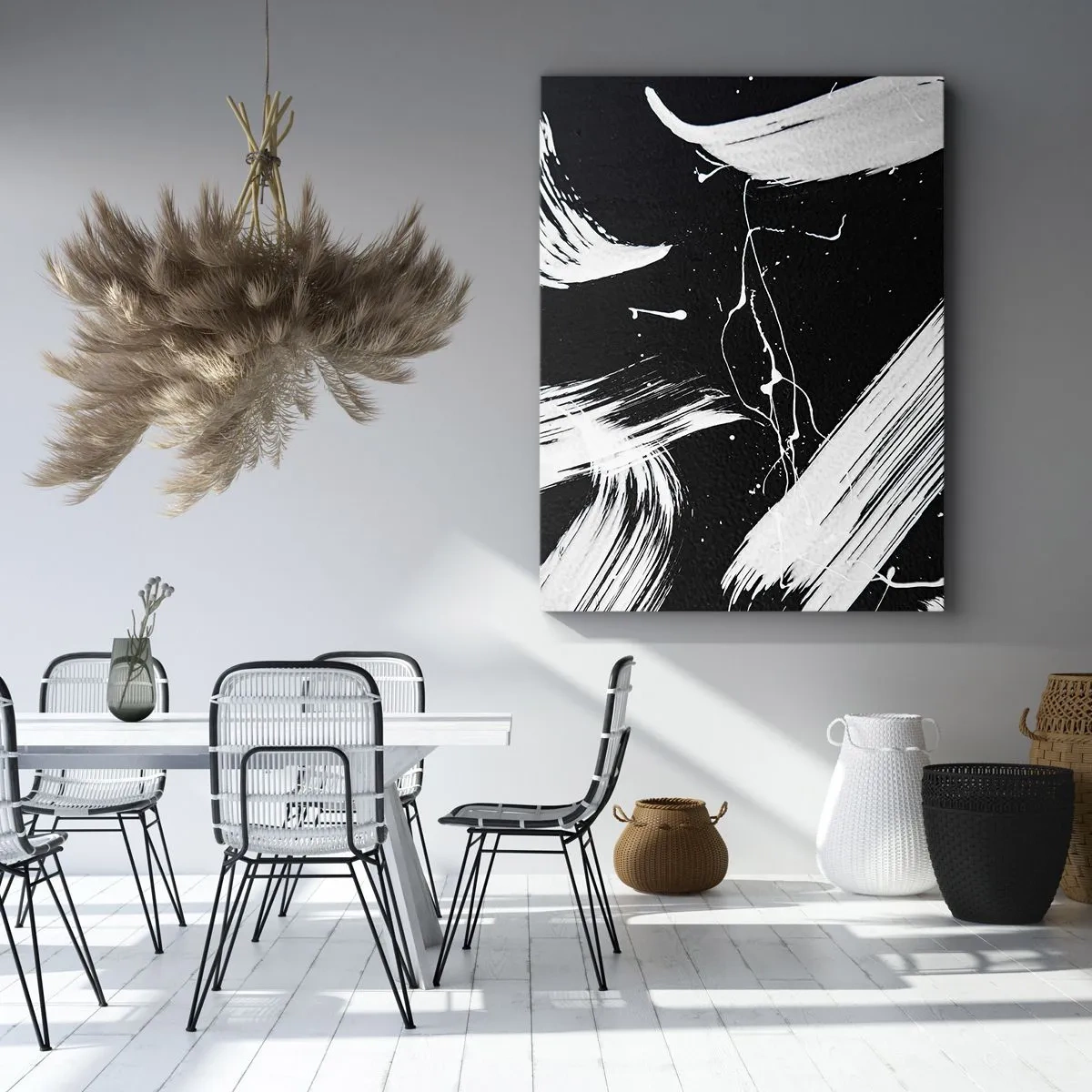 Cuadro sobre lienzo - Impresión de Imagen - Trazos blancos abstractos sobre un fondo negro - 50x70cm - Rompiendo la oscuridad - Decoración de pared moderna para salón y dormitorio ARTTOR