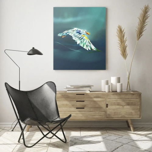 Cuadro sobre vidrio - Impresiones sobre Vidrio - Una imagen abstracta de un águila en tonos azules y blancos sobre un fondo de olas. - 50x70cm - El poder del vuelo del águila - Decoración de pared moderna para salón y dormitorio ARTTOR