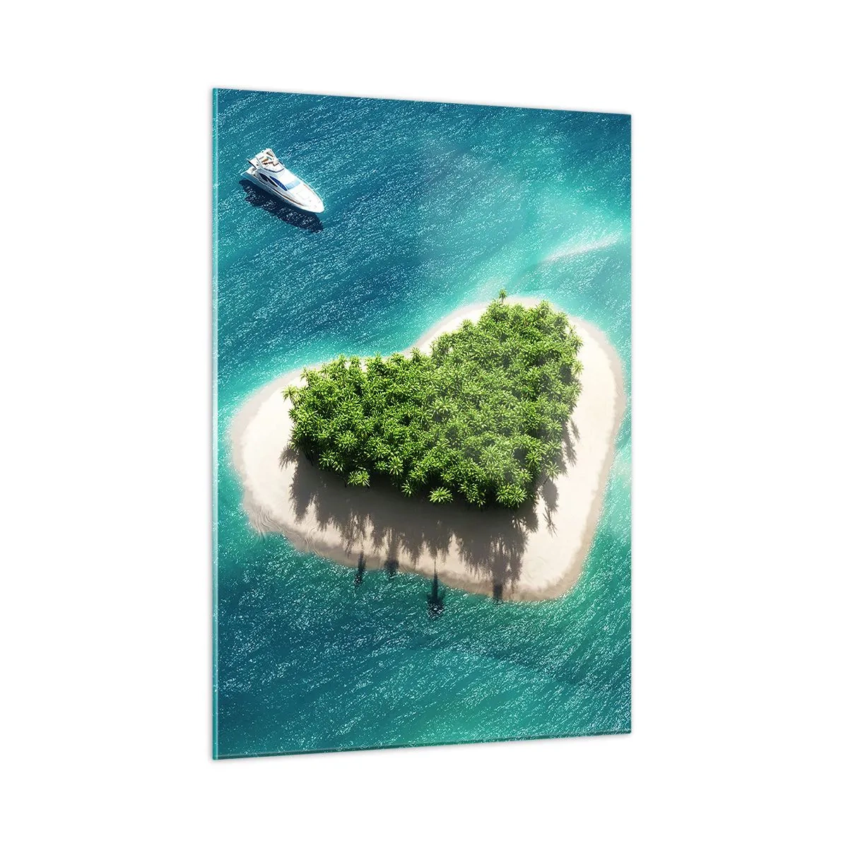 Cuadro sobre vidrio - Impresiones sobre Vidrio - Ilustración de una isla en forma de corazón con un barco contra un mar turquesa - 50x70cm - Me encanta el verano - Decoración de pared moderna para salón y dormitorio ARTTOR