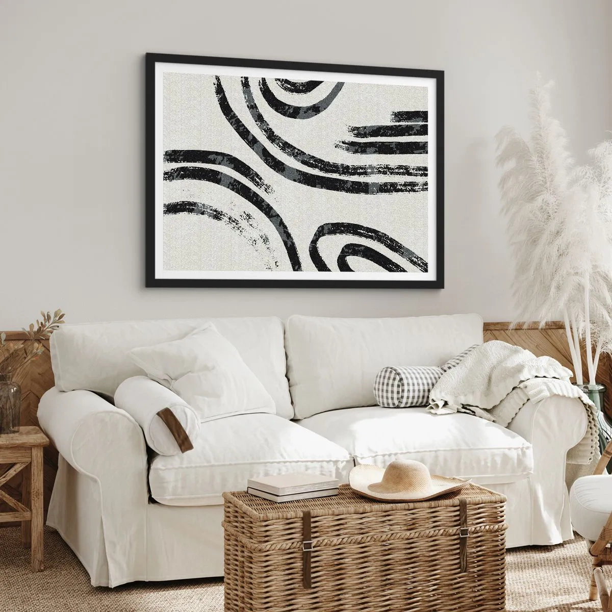 Póster en marco negro - Líneas abstractas en blanco y negro sobre un fondo claro - 100x70cm - A medias - Decoración de pared moderna para salón y dormitorio ARTTOR