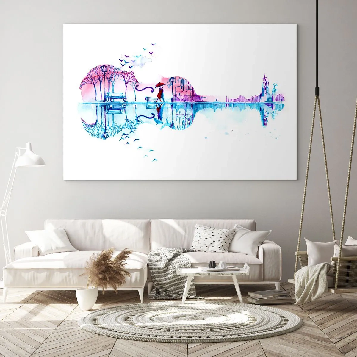 Cuadro sobre vidrio - Impresiones sobre Vidrio - Un paisaje con forma de guitarra en estilo acuarela. - 100x70cm - Te traeré cánticos de lluvia - Decoración de pared moderna para salón y dormitorio ARTTOR