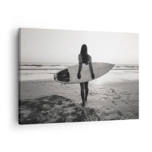 Cuadro sobre lienzo - Impresión de Imagen - Mujer con tabla de surf en la playa en blanco y negro - 70x50cm - Hija de las olas marinas - Decoración de pared moderna para salón y dormitorio ARTTOR