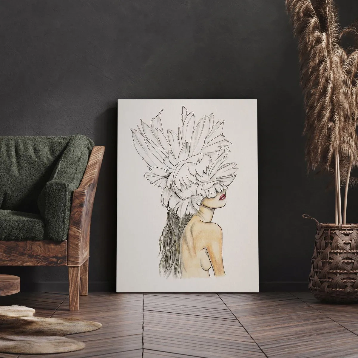Cuadro sobre lienzo - Impresión de Imagen - Retrato de una mujer con decoración de plumas en estilo artístico. - 50x70cm - Belleza coronada - Decoración de pared moderna para salón y dormitorio ARTTOR