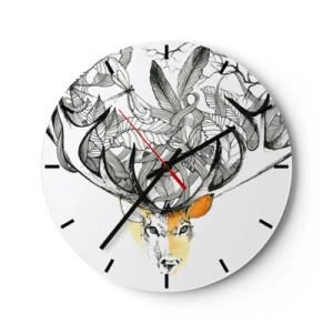 Reloj de pared - Reloj de vidrio - Dibujo artístico de un ciervo con astas extendidas y hojas. - 30x30cm - Cuernos de la abundancia - Decoración de pared moderna para salón, cocina y dormitorio ARTTOR