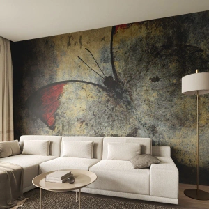 Fotomural Premium Sand - Mariposa artística en una textura vintage con acento rojo. - 100x70cm - Mira antes de que desaparezca - Decoración de pared moderna para salón y dormitorio ARTTOR