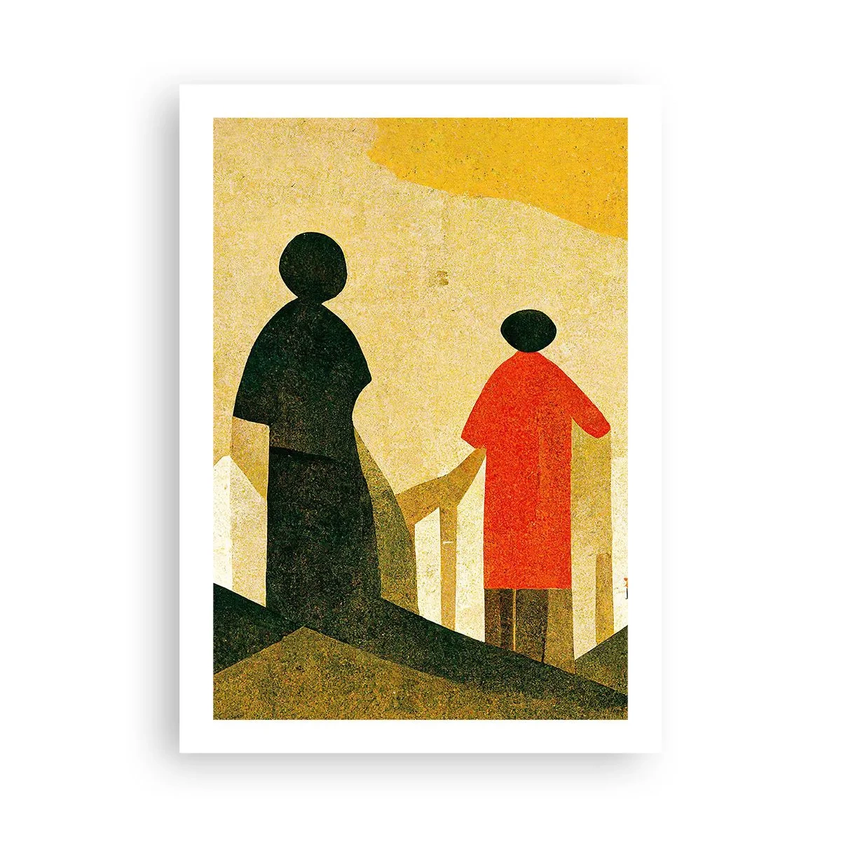 Póster - Siluetas geométricas de figuras sobre el fondo de un paisaje abstracto. - 50x70cm - Todavía lejos del destino - Decoración de pared moderna para salón y dormitorio ARTTOR