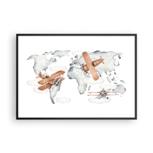 Póster en marco negro - Ilustración de un mapa del mundo con aviones - 100x70cm - Con espíritu pionero - Decoración de pared moderna para salón y dormitorio ARTTOR