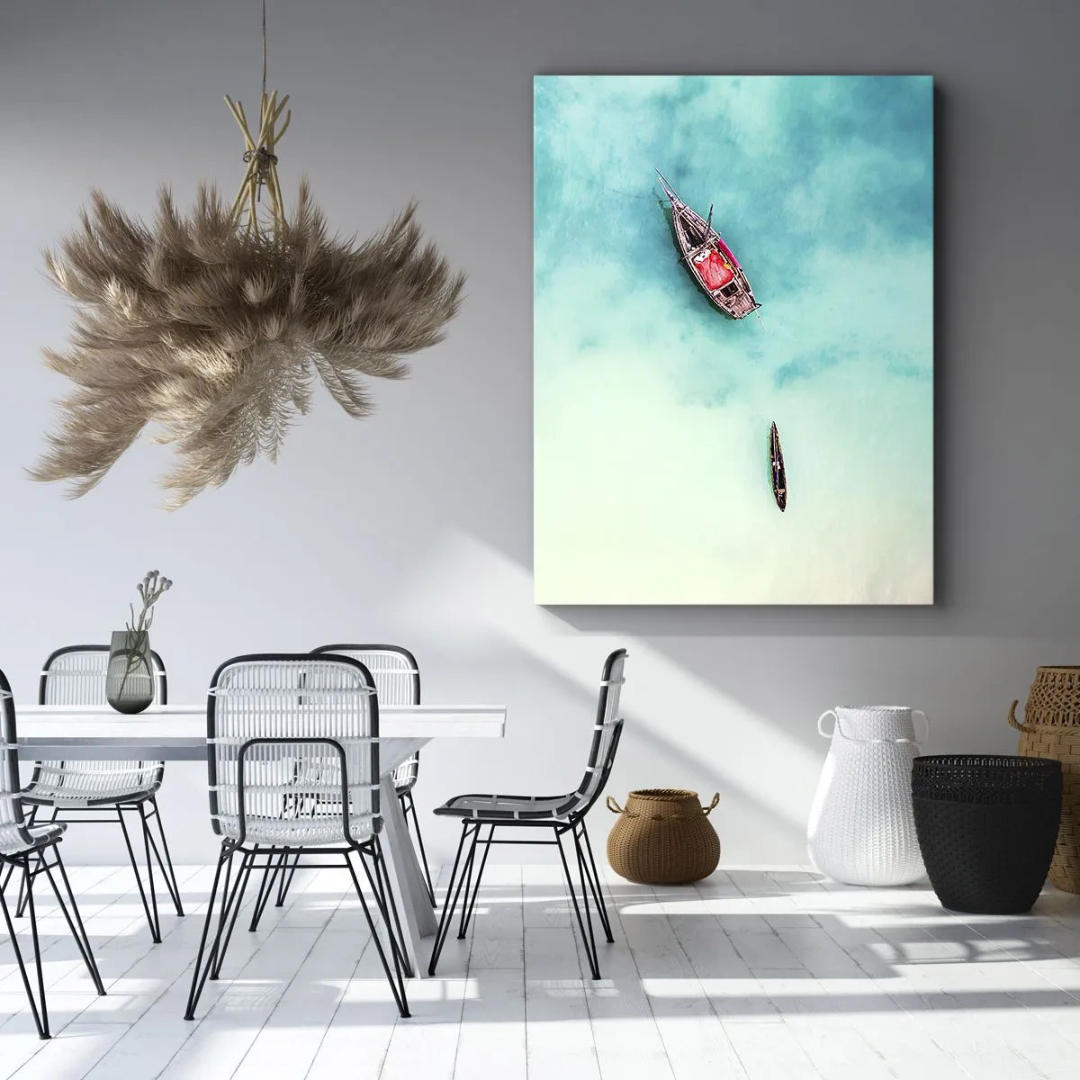 Cuadro sobre lienzo - Impresión de Imagen - Barcos en aguas turquesas vistos a vista de pájaro - 70x100cm - Porque en las playas de Zanzíbar, cuando las aguas se desbordan... - Decoración de pared moderna para salón y dormitorio ARTTOR