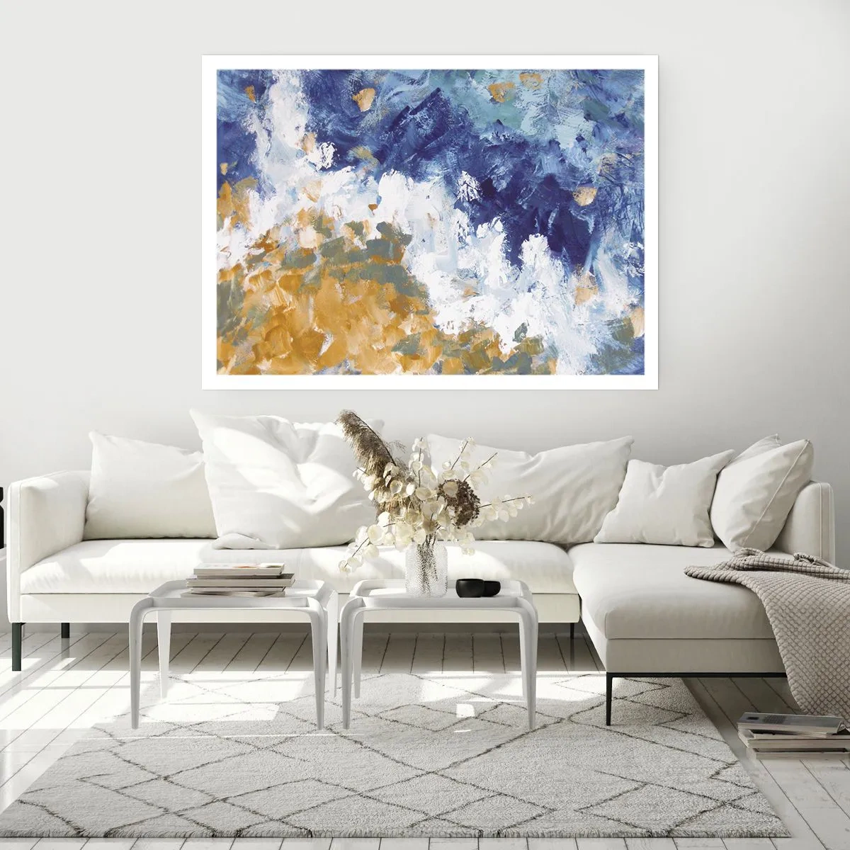 Póster - Abstracción en tonos azules, blancos y dorados. - 100x70cm - Danza de los elementos - Decoración de pared moderna para salón y dormitorio ARTTOR