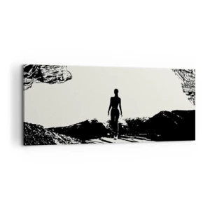 Cuadro sobre lienzo - Impresión de Imagen - Silueta en blanco y negro de una mujer en una cueva contra el cielo - 120x50cm - Una nueva mirada - Decoración de pared moderna para salón y dormitorio ARTTOR