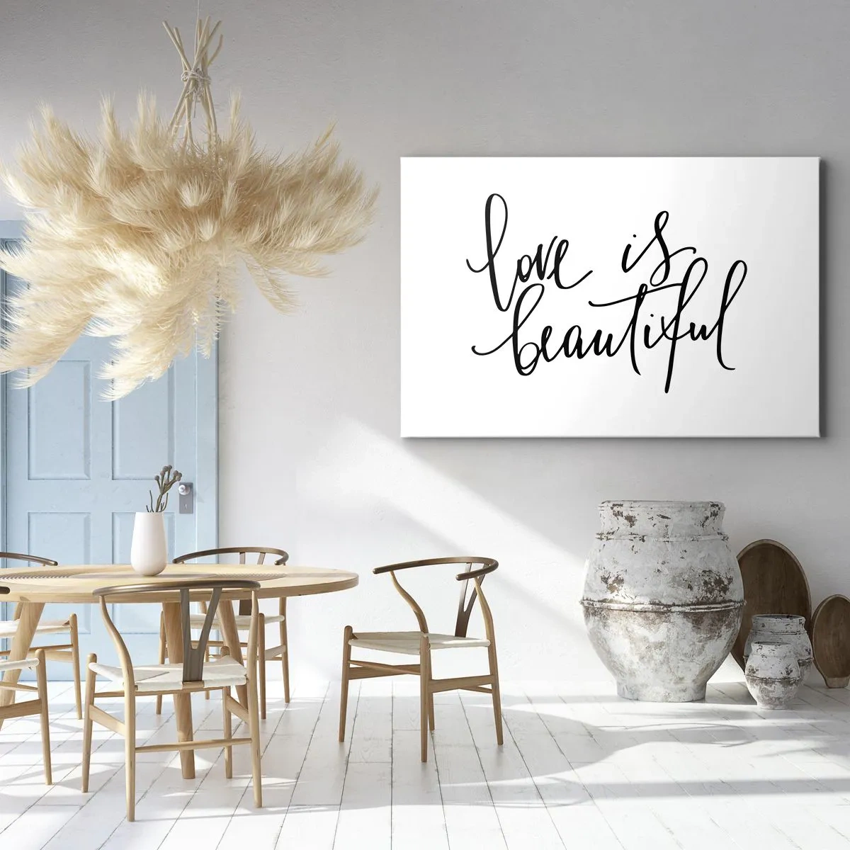 Cuadro sobre lienzo - Impresión de Imagen - Inscripción negra «El amor es hermoso» sobre fondo blanco. - 120x80cm - Leer y repetir - Decoración de pared moderna para salón y dormitorio ARTTOR