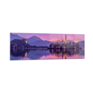 Cuadro sobre vidrio - Impresiones sobre Vidrio - Lago con una isla y una iglesia al atardecer - 160x50cm - Isla de cuento de hadas al atardecer  - Decoración de pared moderna para salón y dormitorio ARTTOR