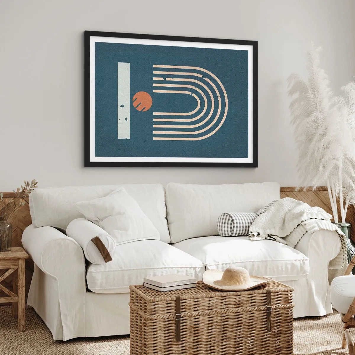 Póster en marco negro - Patrón geométrico en tonos azul marino, beige y naranja sobre un fondo oscuro. - 70x50cm - Geometría sobre azul marino - Decoración de pared moderna para salón y dormitorio ARTTOR