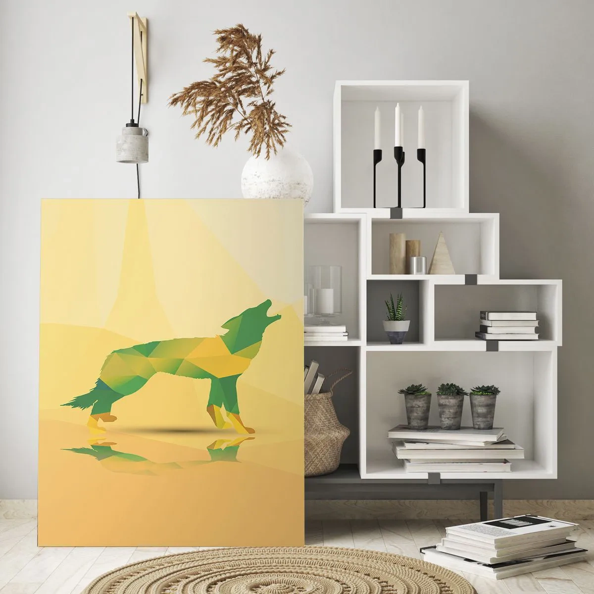 Cuadro sobre vidrio - Impresiones sobre Vidrio - Silueta geométrica de lobo en tonos verdes y amarillos. - 80x120cm - Lobo solitario - Decoración de pared moderna para salón y dormitorio ARTTOR