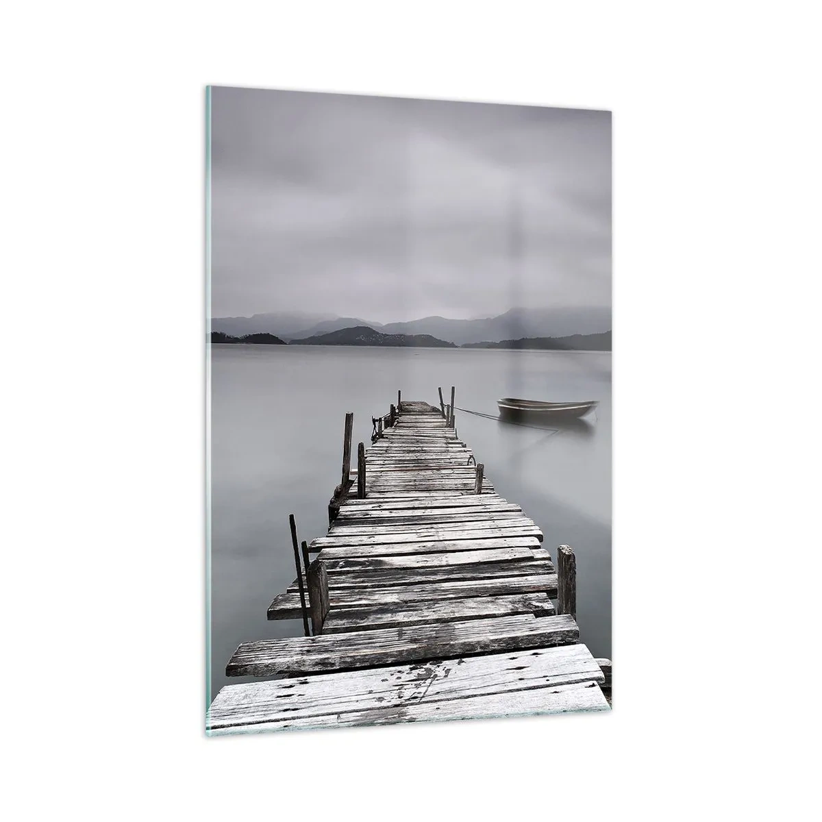 Cuadro sobre vidrio - Impresiones sobre Vidrio - Un embarcadero de madera en un lago en un día de niebla. - 50x70cm - Mañana partimos - Decoración de pared moderna para salón y dormitorio ARTTOR