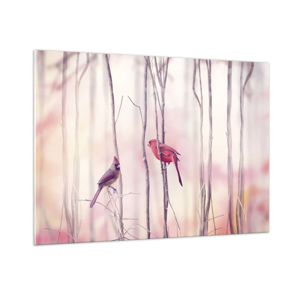 Cuadro sobre vidrio - Impresiones sobre Vidrio - Dos pájaros entre delicadas ramitas en tonos pastel - 100x70cm - Historia de un bosque rosa - Decoración de pared moderna para salón y dormitorio ARTTOR
