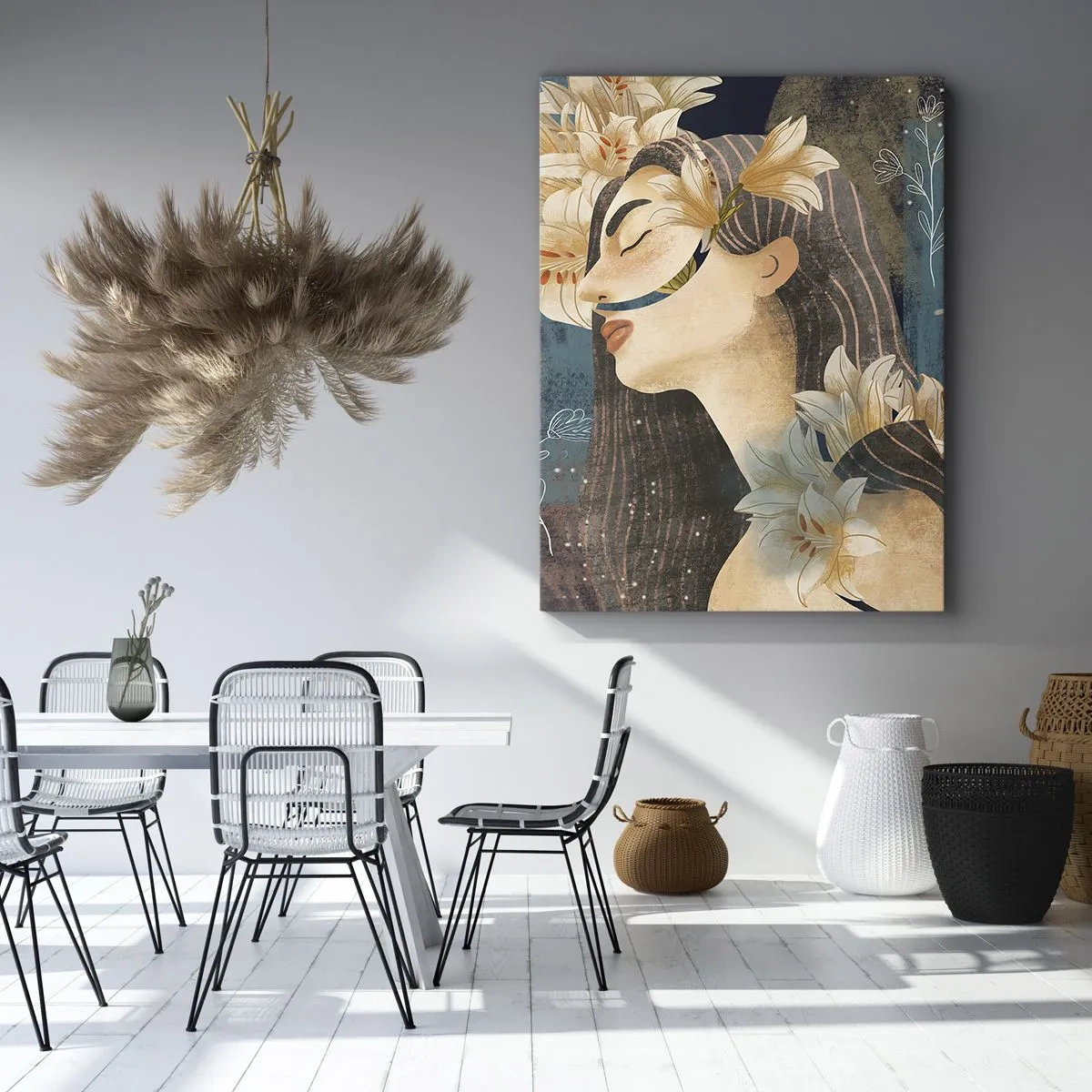 Cuadro sobre lienzo - Impresión de Imagen - Retrato de una mujer con flores en estilo artístico sobre un fondo oscuro. - 50x70cm - Cuento de princesa con lirios - Decoración de pared moderna para salón y dormitorio ARTTOR