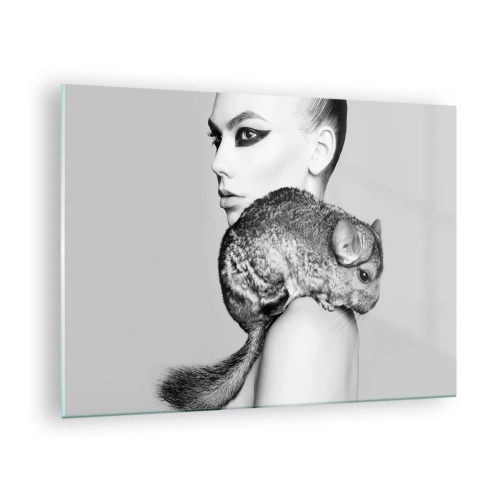 Cuadro sobre vidrio - Impresiones sobre Vidrio - Retrato de una mujer con una chinchilla en blanco y negro - 70x50cm - Dama con chinchilla - Decoración de pared moderna para salón y dormitorio ARTTOR