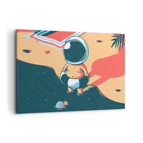 Cuadro sobre lienzo - Impresión de Imagen - Astronauta divertido en la playa con elementos espaciales de fondo. - 120x80cm - Desde una perspectiva diferente - Decoración de pared moderna para salón y dormitorio ARTTOR