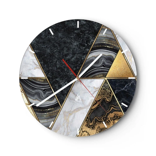 Reloj de pared - Reloj de vidrio - Triángulos de oro y mármol en un mosaico geométrico. - 30x30cm - Collage de piedras - Decoración de pared moderna para salón, cocina y dormitorio ARTTOR
