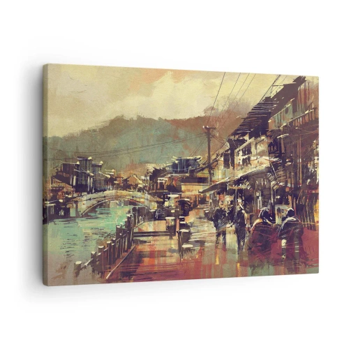 Cuadro sobre lienzo - Impresión de Imagen - Un pueblo con un puente y calles de estilo artístico. - 70x50cm - La vida como riqueza de grises - Decoración de pared moderna para salón y dormitorio ARTTOR
