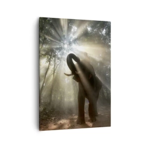 Cuadro sobre lienzo - Impresión de Imagen - Un elefante en el bosque rodeado de rayos de luz en la niebla de la mañana. - 50x70cm - Bajo una estrella de la suerte - Decoración de pared moderna para salón y dormitorio ARTTOR