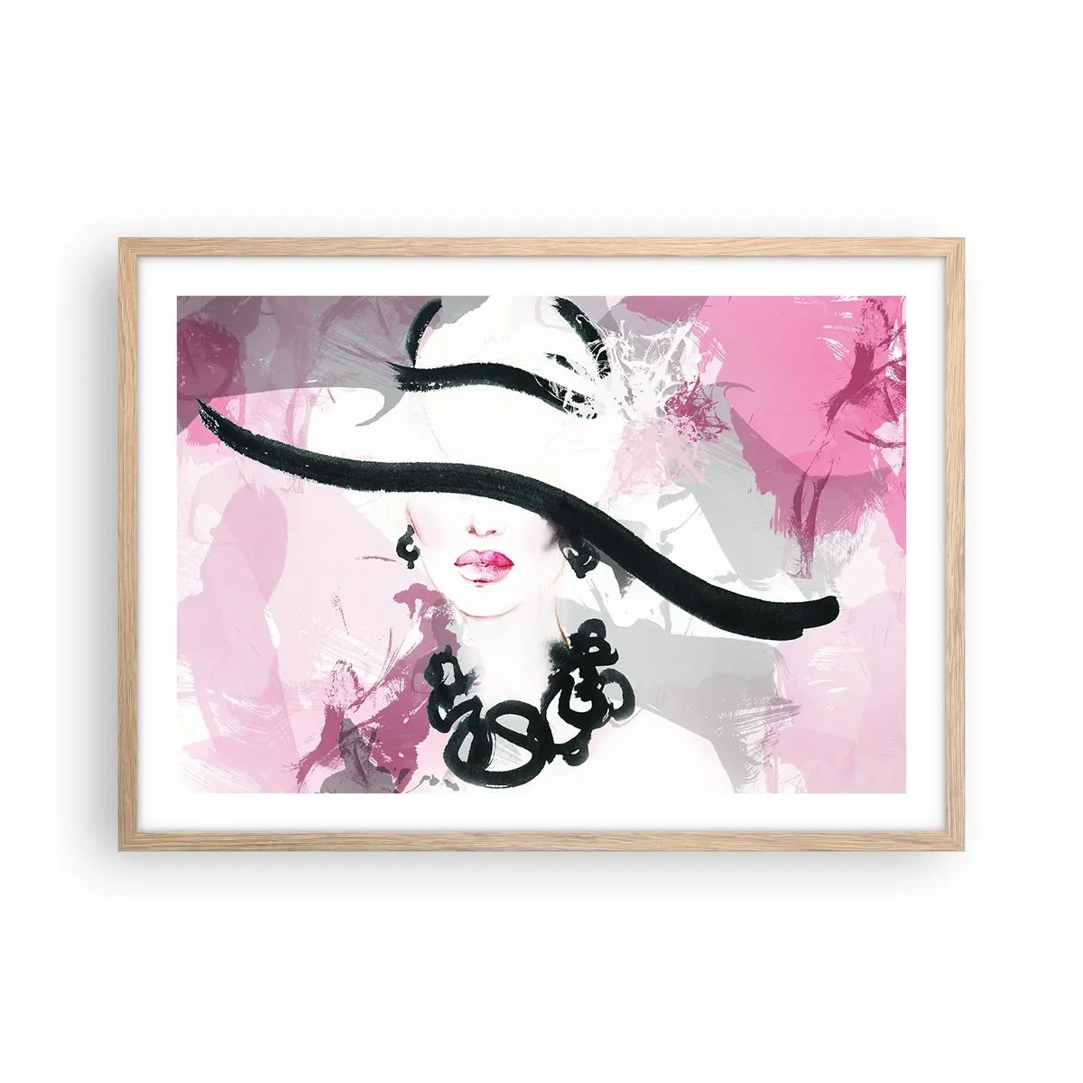 Póster en marco roble claro - Retrato de una dama en negro y rosa - 70x50 cm