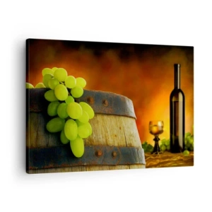 Cuadro sobre lienzo - Impresión de Imagen - Uvas en un barril de vino con un esquema de colores cálidos en el fondo. - 70x50cm - Bodegón con botella de vino y racimo de uvas - Decoración de pared moderna para salón y dormitorio ARTTOR