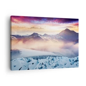 Cuadro sobre lienzo - Impresión de Imagen - Montañas cubiertas de nieve al amanecer con un cielo colorido. - 70x50cm - La fuerza y la pureza de la naturaleza - Decoración de pared moderna para salón y dormitorio ARTTOR