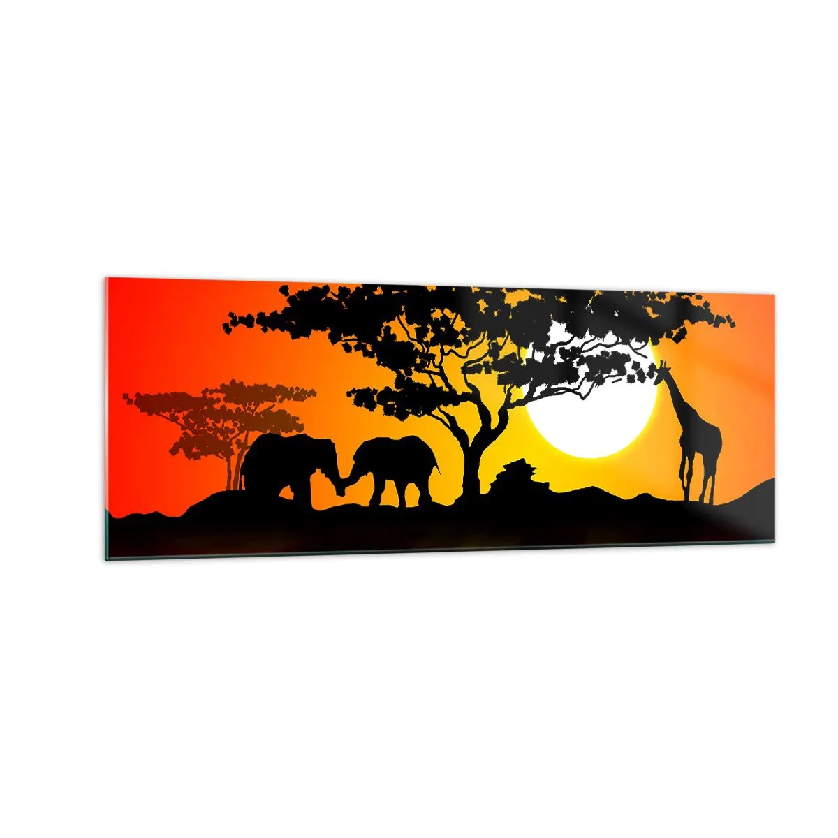 Cuadro sobre vidrio - Impresiones sobre Vidrio - Atardecer africano con siluetas de elefantes y jirafas sobre el agua - 140x50cm - Reunión en la sabana - Decoración de pared moderna para salón y dormitorio ARTTOR