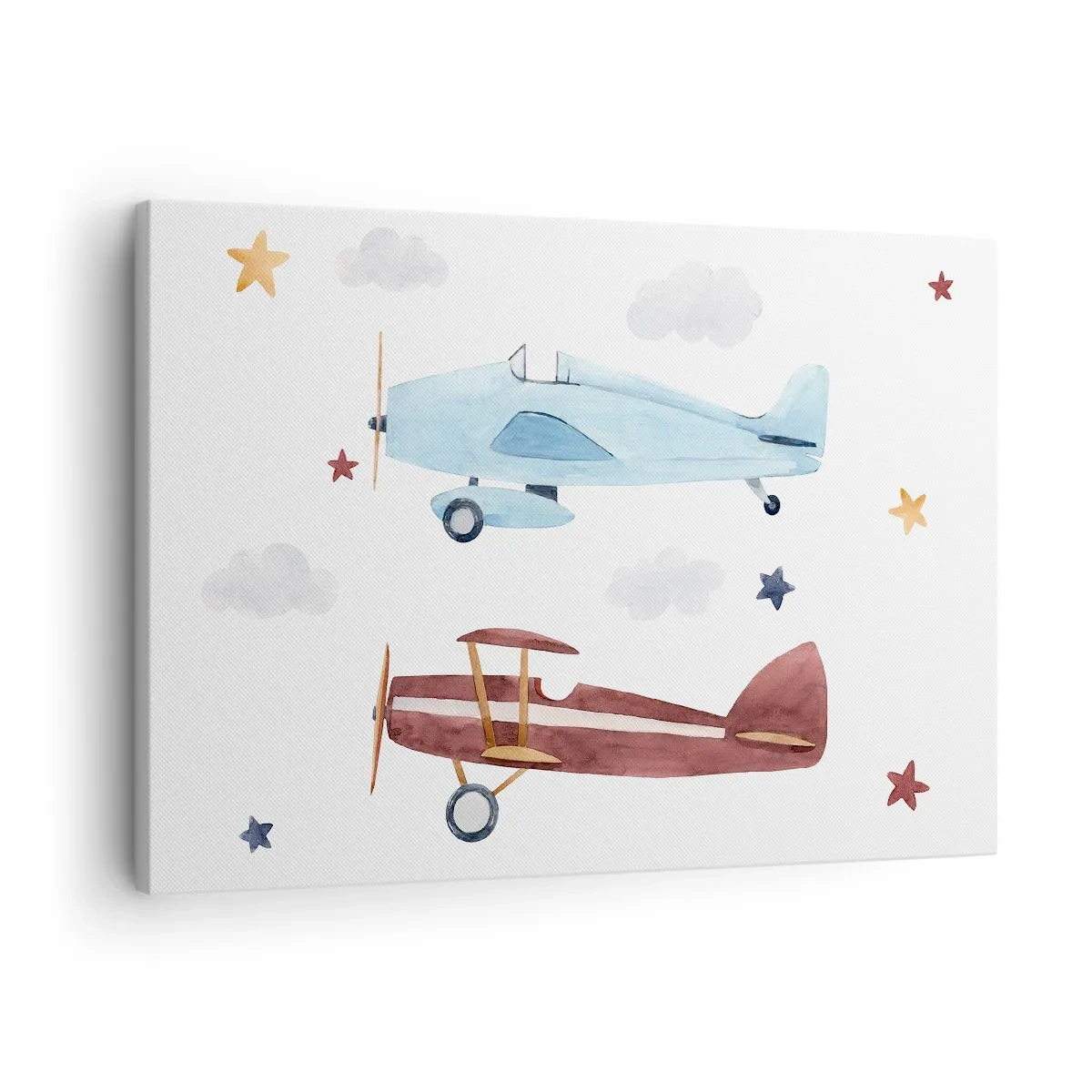 Cuadro sobre lienzo - Impresión de Imagen - Aviones pintados a mano sobre un fondo de nubes y estrellas. - 70x50cm - ¡Piloto, estamos esperando! - Decoración de pared moderna para salón y dormitorio ARTTOR
