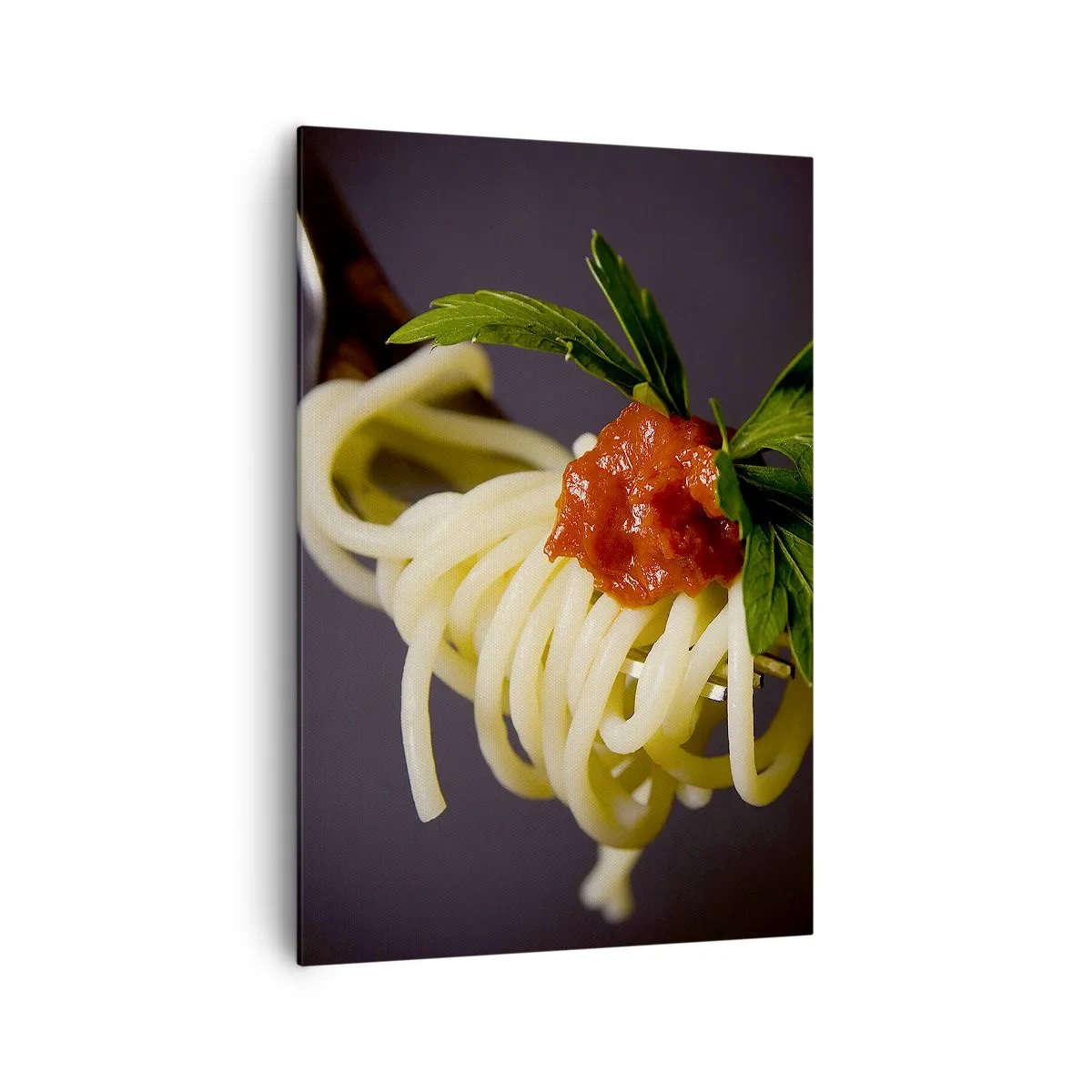 Cuadro sobre lienzo - Impresión de Imagen - Pasta espaguetis al tenedor con salsa de tomate y perejil - 70x100cm - Un sabroso bocado - Decoración de pared moderna para salón y dormitorio ARTTOR