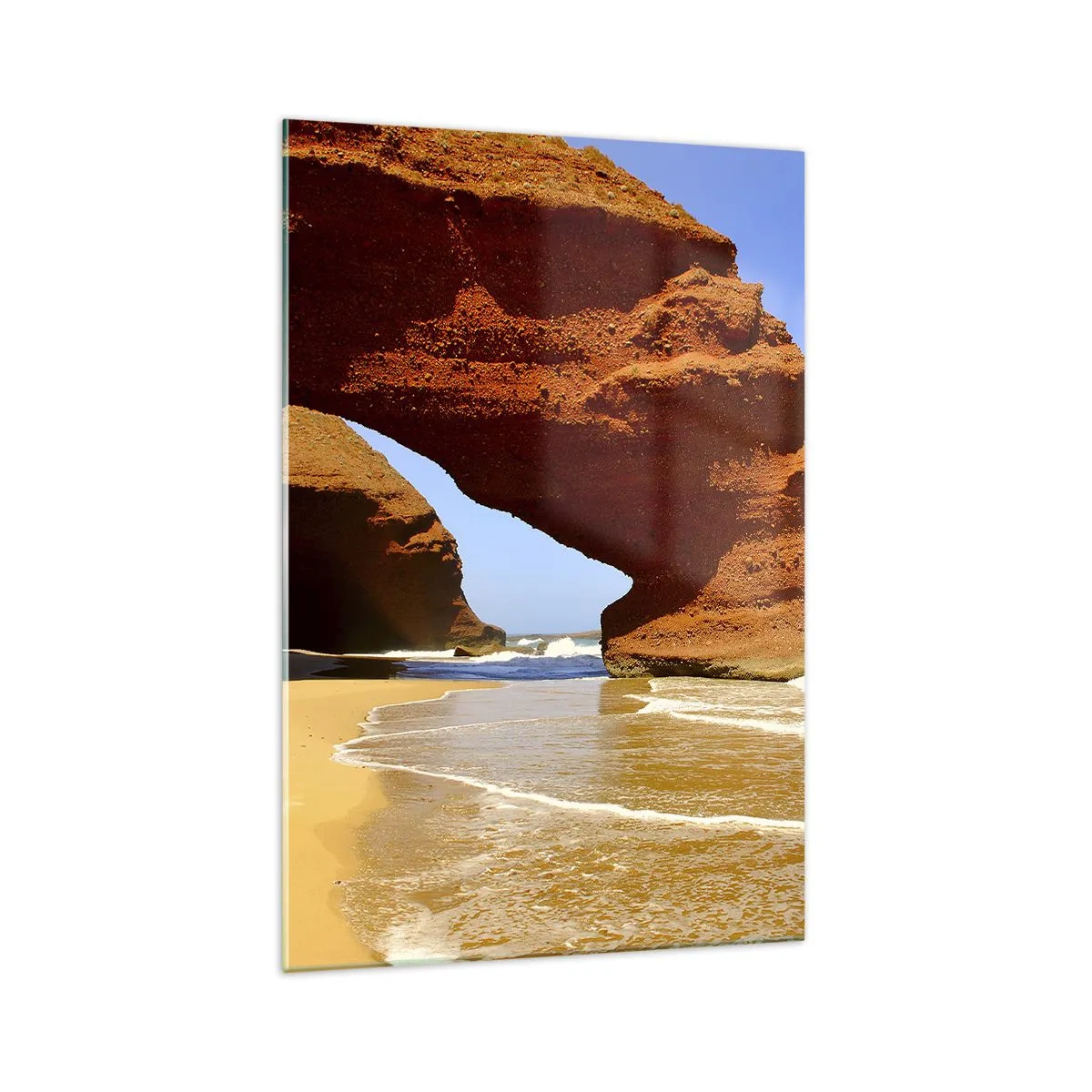 Cuadro sobre vidrio - Impresiones sobre Vidrio - Un arco de roca natural en una playa con cielos azules y olas. - 70x100cm - El agua y el viento a través de miles de años - Decoración de pared moderna para salón y dormitorio ARTTOR