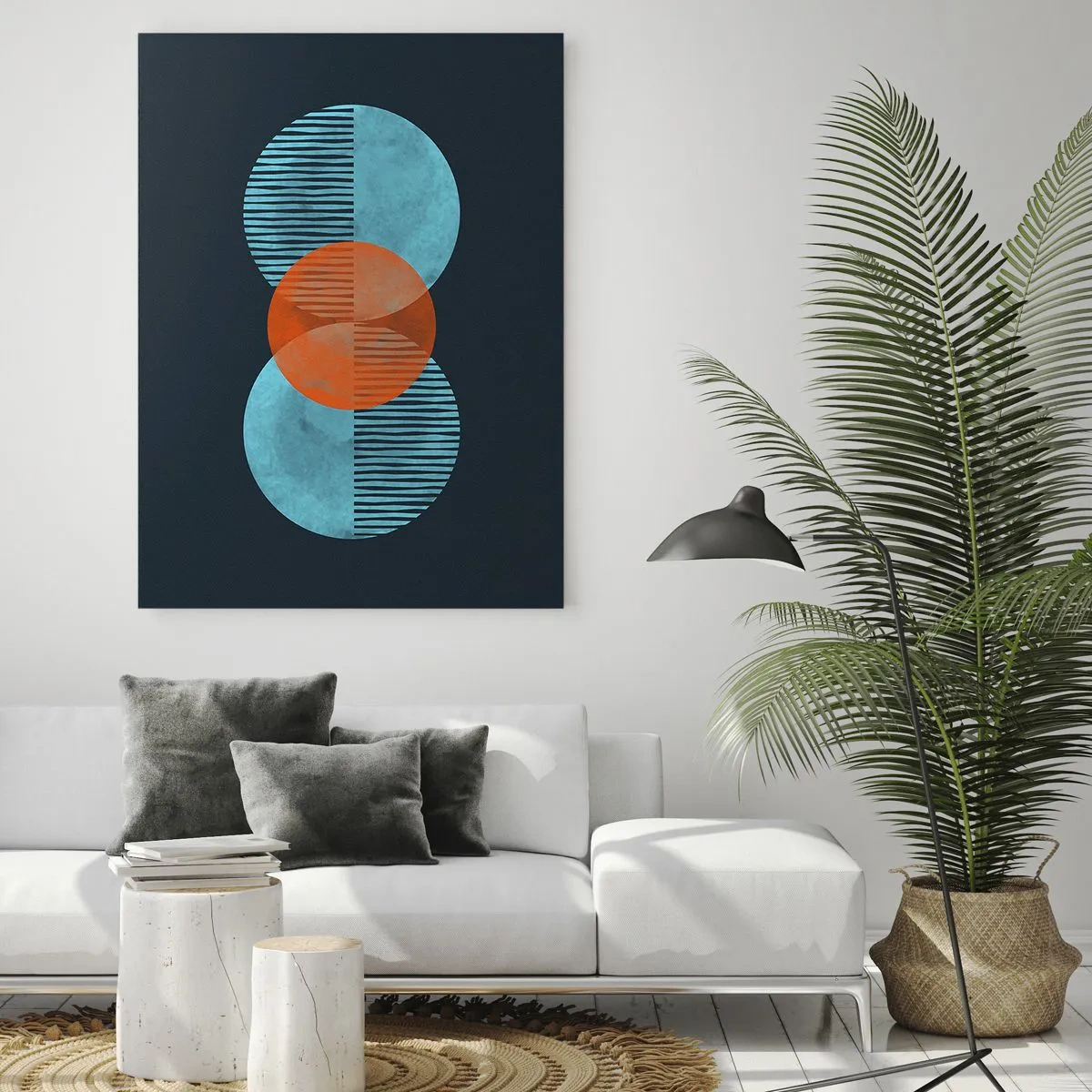 Cuadro sobre vidrio - Impresiones sobre Vidrio - Círculos geométricos en tonos azules y naranjas. - 80x120cm - Composición simétrica - Decoración de pared moderna para salón y dormitorio ARTTOR