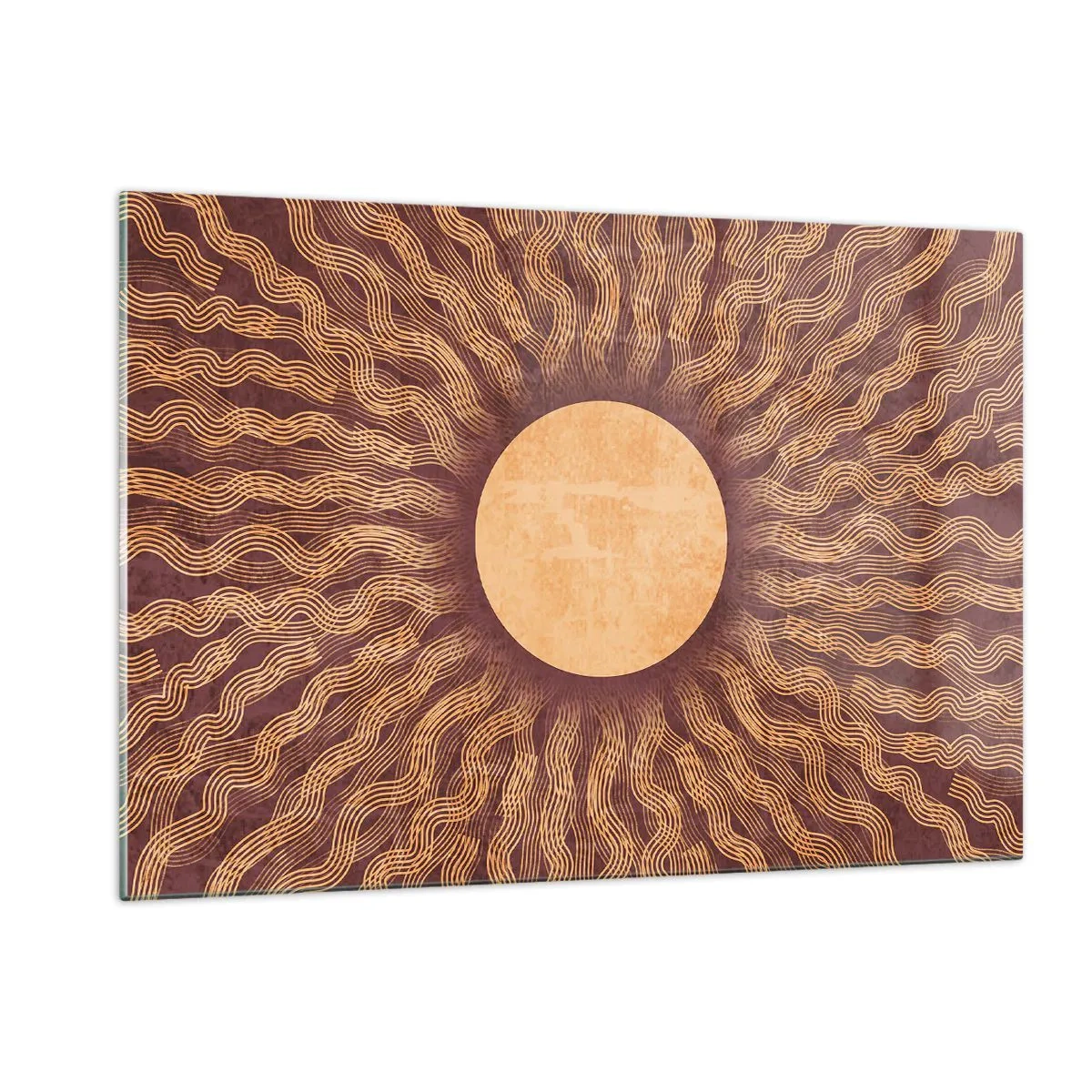 Cuadro sobre vidrio - Impresiones sobre Vidrio - Un sol estilizado con rayos en forma de líneas onduladas sobre un fondo marrón. - 120x80cm - Icono del sol - Decoración de pared moderna para salón y dormitorio ARTTOR