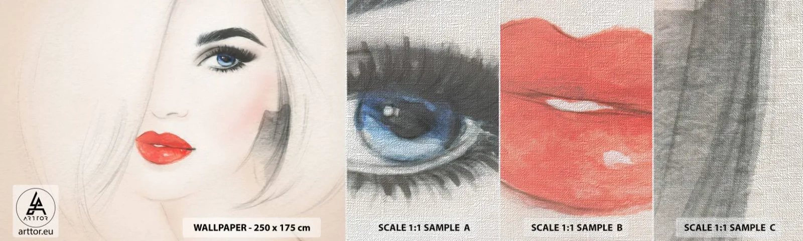 Muestra de fotomural Premium Canvas - Hipnotiza y embriaga - retrato de una mujer, cara de mujer, labios rojos - 100x30 cm