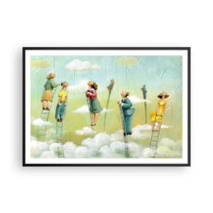 Póster en marco negro - Figuras subiendo escaleras entre nubes sobre un fondo pastel. - 100x70cm - Sigue tu sueño - Decoración de pared moderna para salón y dormitorio ARTTOR