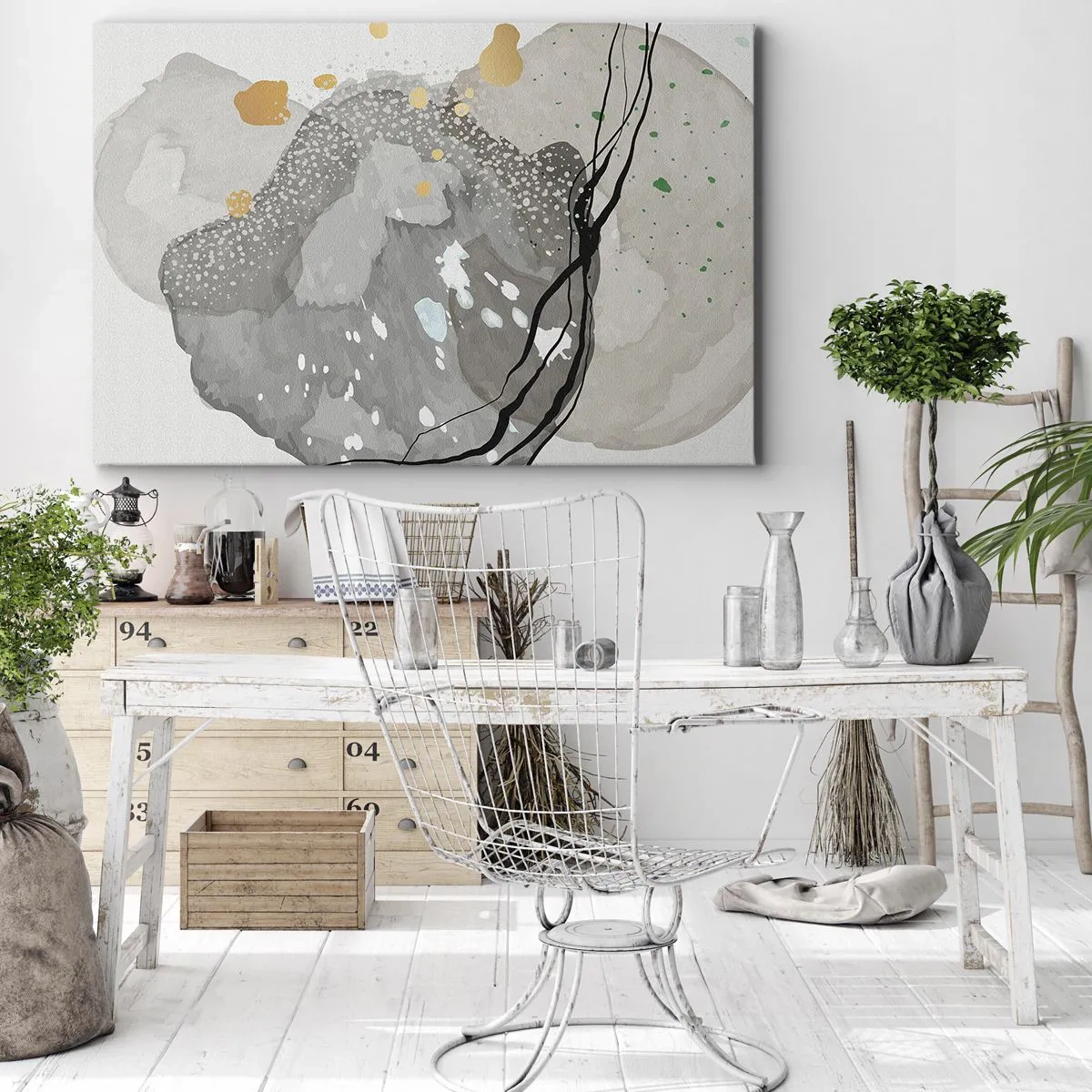 Cuadro sobre lienzo - Impresión de Imagen - Formas orgánicas en tonos grises con acentos negros y dorados. - 100x70cm - Composición orgánica - Decoración de pared moderna para salón y dormitorio ARTTOR