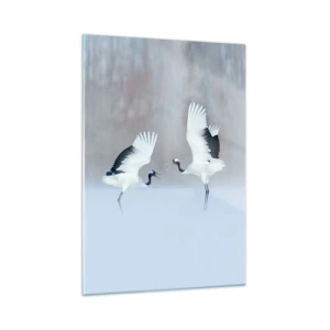 Cuadro sobre vidrio - Impresiones sobre Vidrio - Grullas danzantes con el telón de fondo de un paisaje invernal - 50x70cm - Danza en la niebla - Decoración de pared moderna para salón y dormitorio ARTTOR