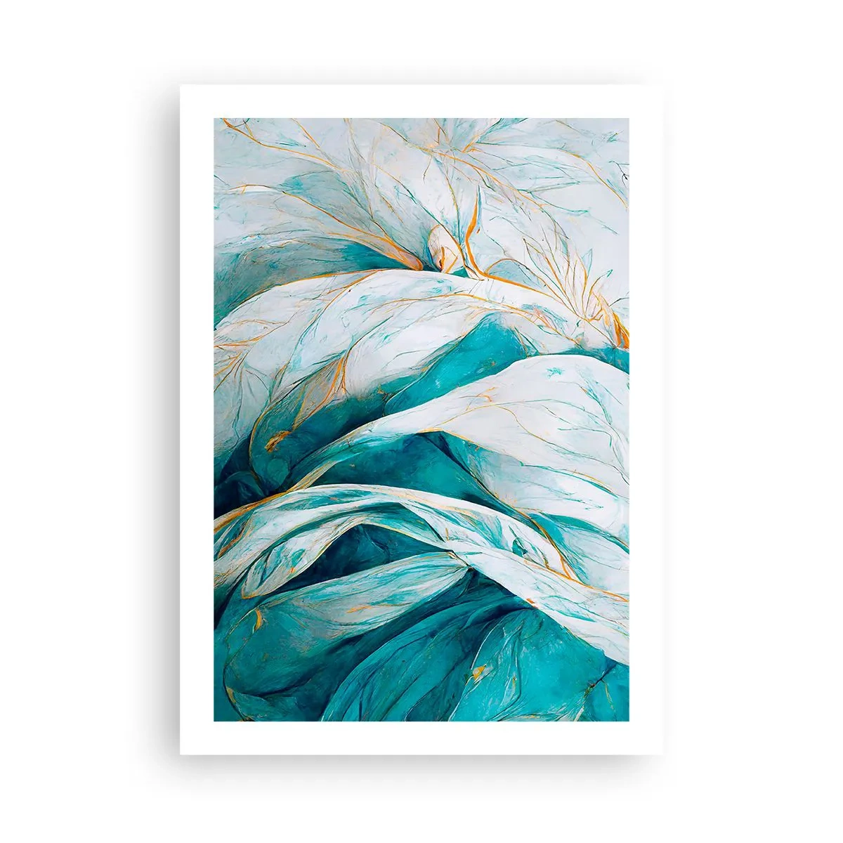 Póster - Hojas abstractas en tonos turquesa y blanco con delicado dorado. - 50x70cm - Abstracción azul con motivos dorados - Decoración de pared moderna para salón y dormitorio ARTTOR
