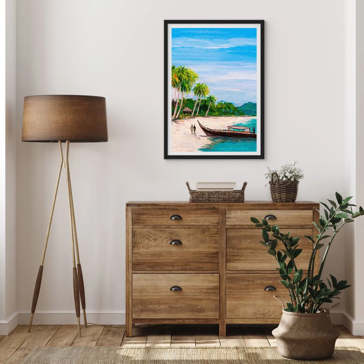 Póster en marco negro - Playa tropical con palmeras y un barco en la orilla. - 50x70cm - Un sueño exótico - Decoración de pared moderna para salón y dormitorio ARTTOR